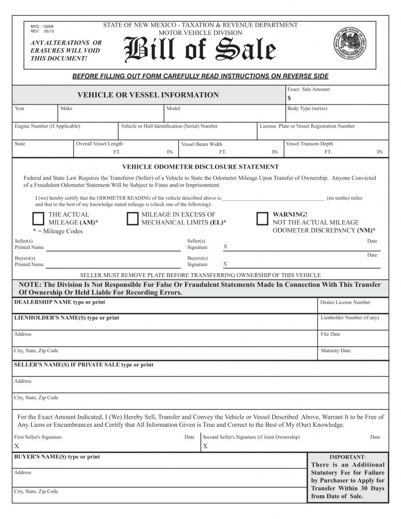 Free New Mexico Car Bill Of Sale Template Fillable Forms