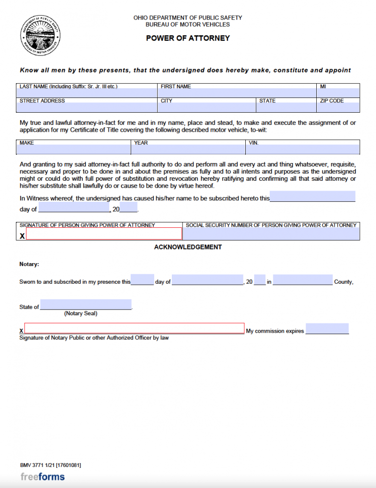 Free Ohio Motor Vehicle Power Of Attorney Form PDF WORD