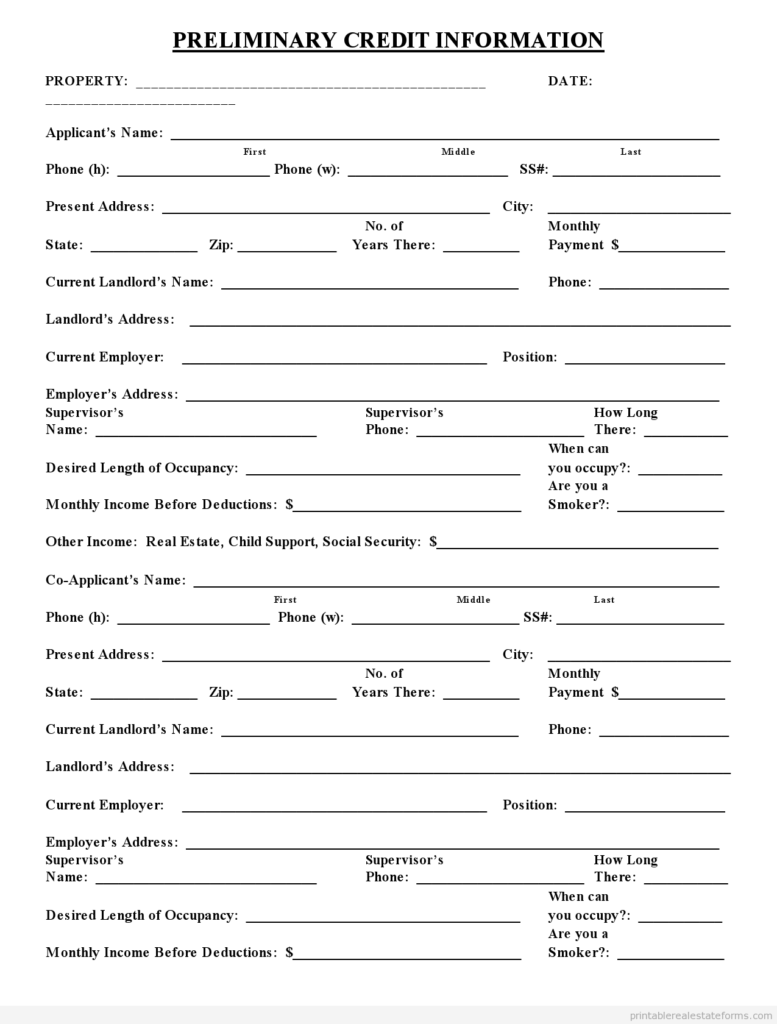 Free Printable Preliminary Credit Application Form PDF