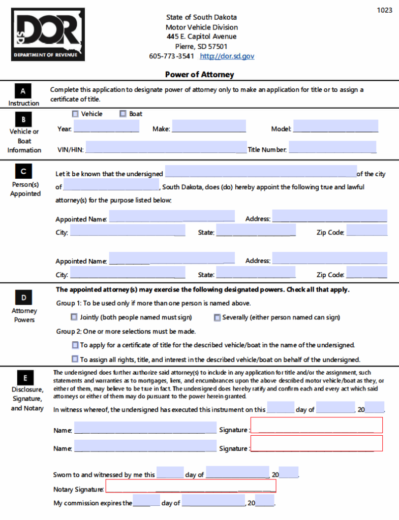 Free South Dakota Motor Vehicle Power Of Attorney Form PDF