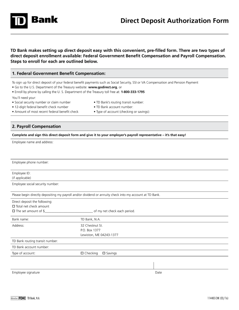 Free TD Bank Direct Deposit Authorization Form PDF EForms