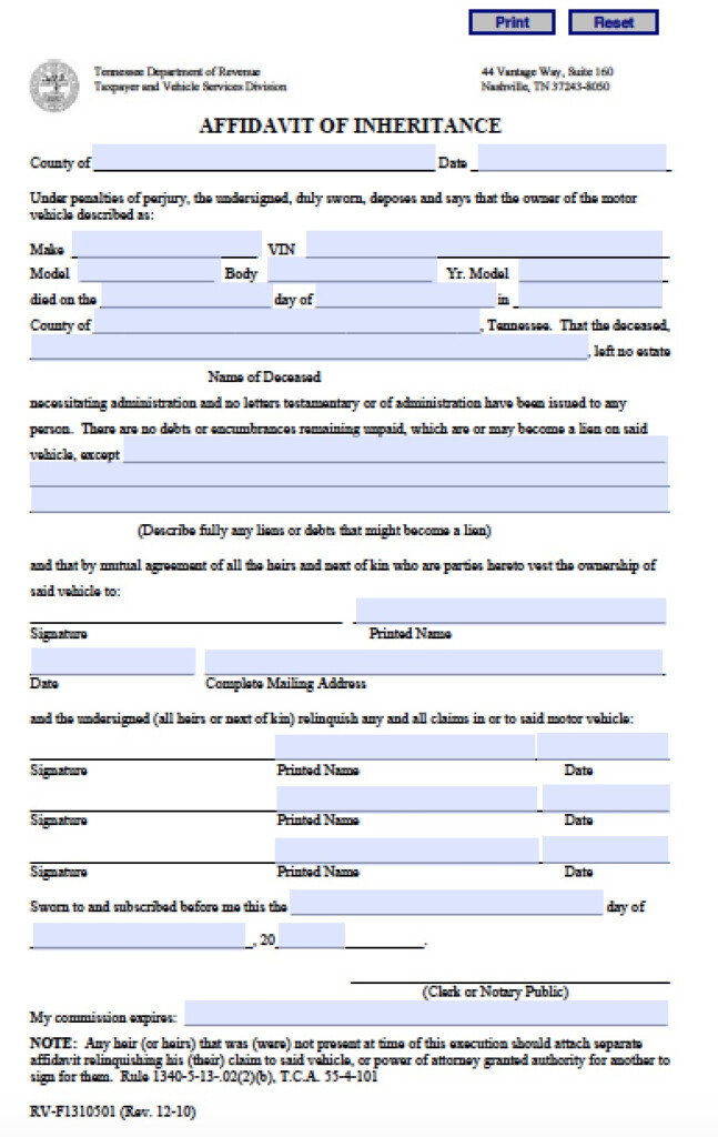 Free Tennessee Affidavit Of Inheritance Vehicle Form PDF Word