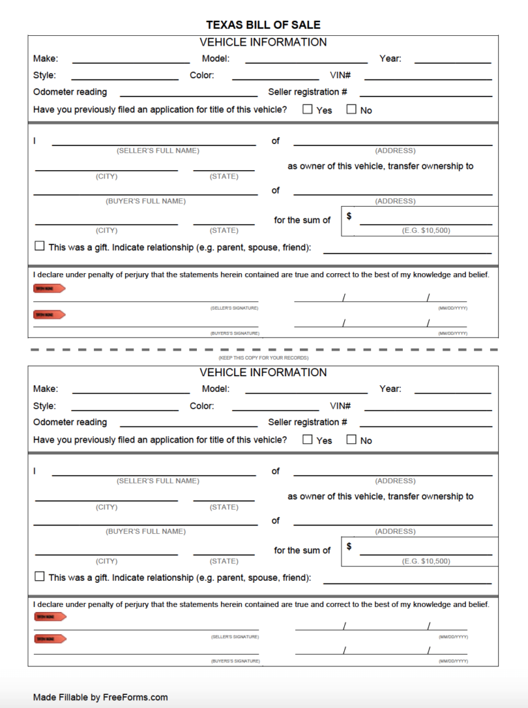 Free Texas DMV Bill Of Sale Form For Motor Vehicle Trailer Or Boat 