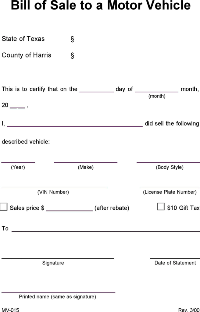 Free Texas Harris County Vehicle Bill Of Sale PDF 28KB 1 Page s 