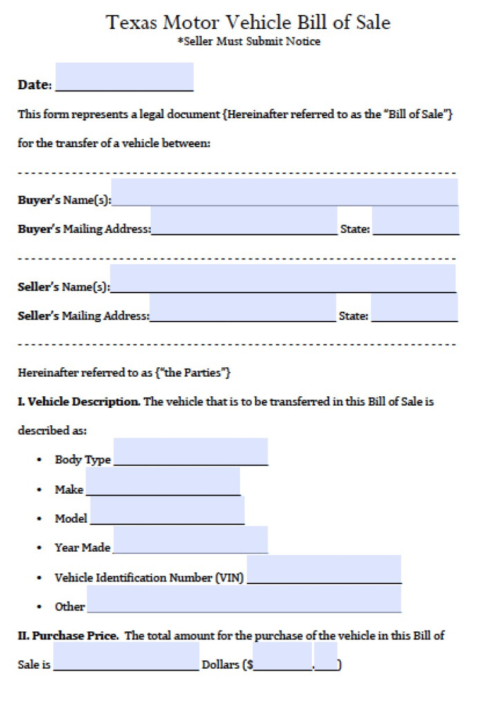 Free Texas Motor Vehicle Bill Of Sale Form PDF Word doc 