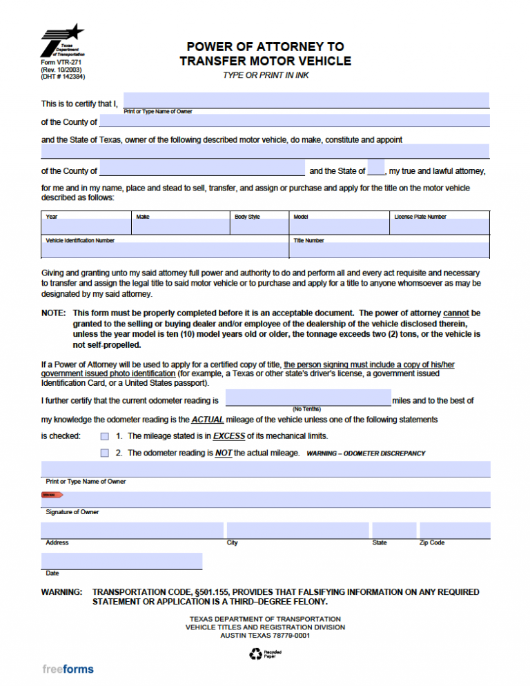 Free Texas Motor Vehicle Power Of Attorney Form PDF