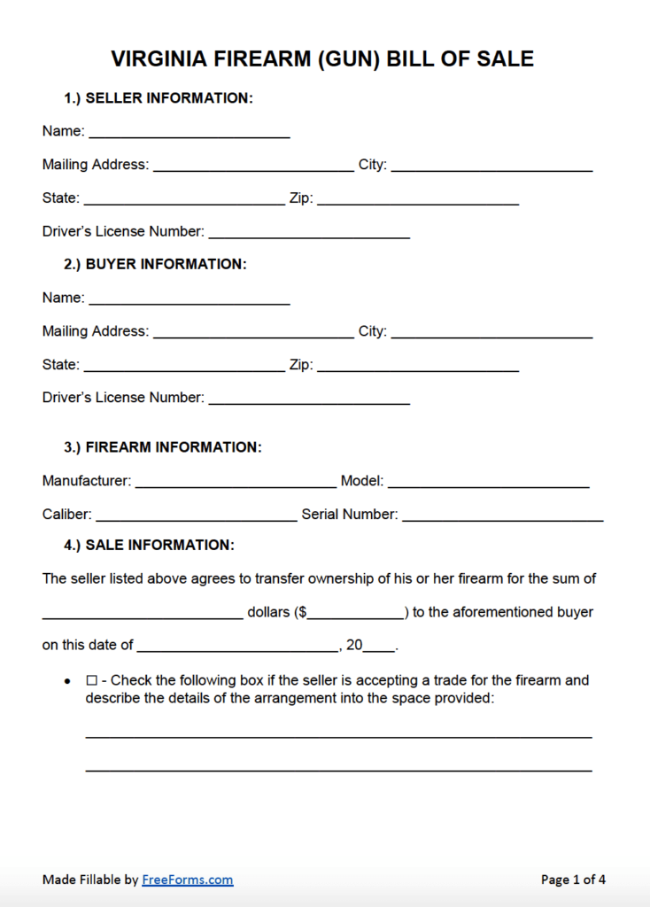 Free Virginia Firearm Gun Bill Of Sale Form PDF WORD