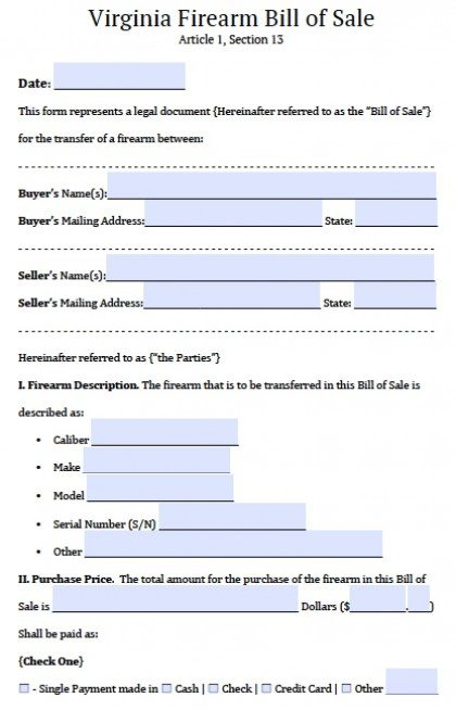 Free Virginia Firearm Gun Bill Of Sale Form PDF Word doc 