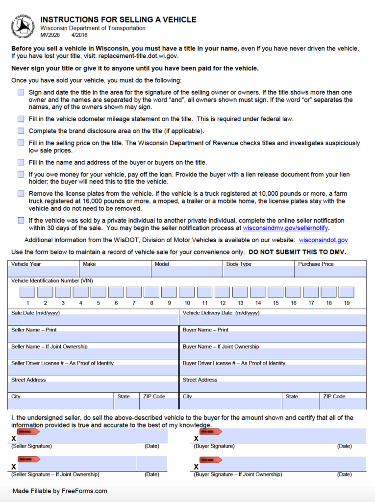 Free Wisconsin DMV Bill Of Sale Form For Motor Vehicle Trailer Or 