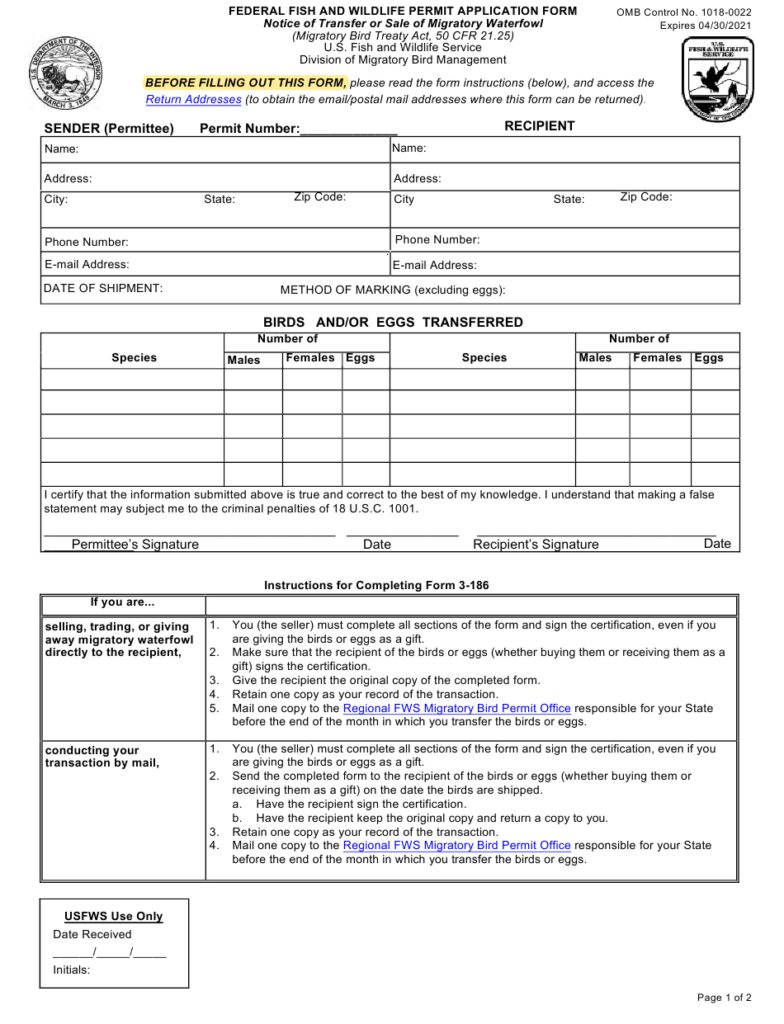 FWS Form 3 186 Download Fillable PDF Or Fill Online Notice Of Transfer 