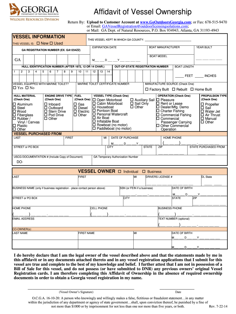 GA Affidavit Of Vessel Ownership 2014 2021 Fill And Sign Printable