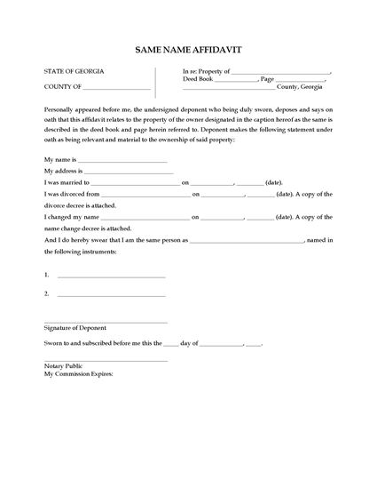 Georgia Same Name Affidavit Form Legal Forms And Business Templates 