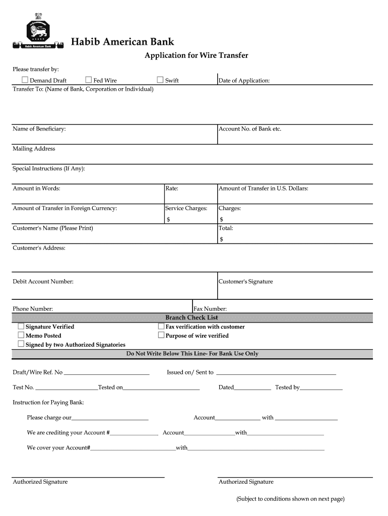 Habib American Bank Application For Wire Transfer Fill And Sign 
