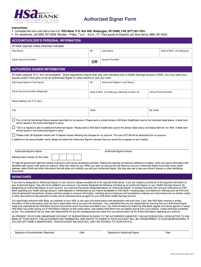 HSA Bank Authorized Signer Form 2010 Fill And Sign Printable Template 