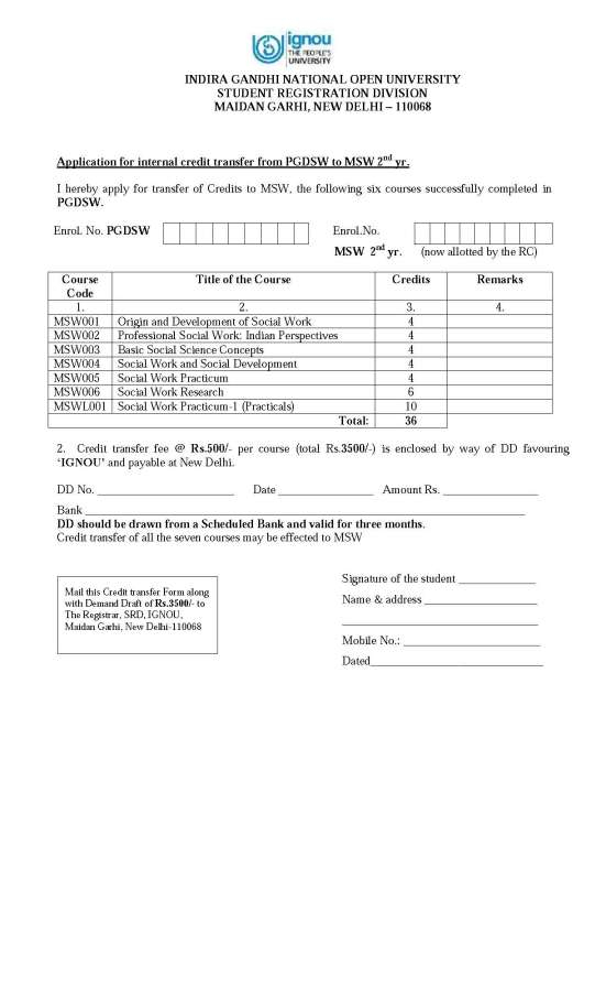 IGNOU Form Credit Transfer From PGDSW To MSW 2nd Yr 2020 2021 Courses 