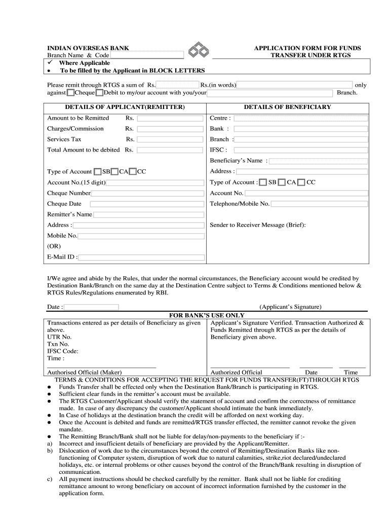 Indian Overseas Bank Application Form For Funds Transfer Under RTGS