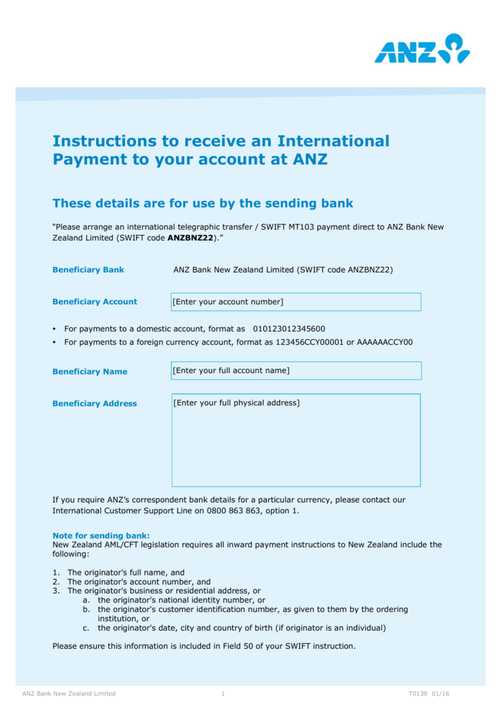 Instructions To Receive An International Payment To Your Account At ANZ