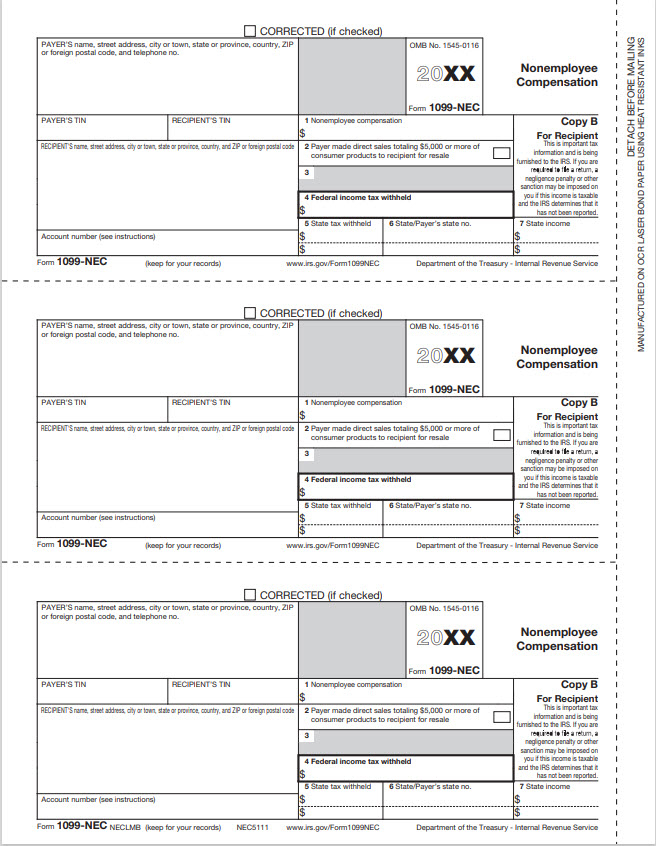 IRS Approved 1099 NEC Recipient Copy B Laser Tax Form