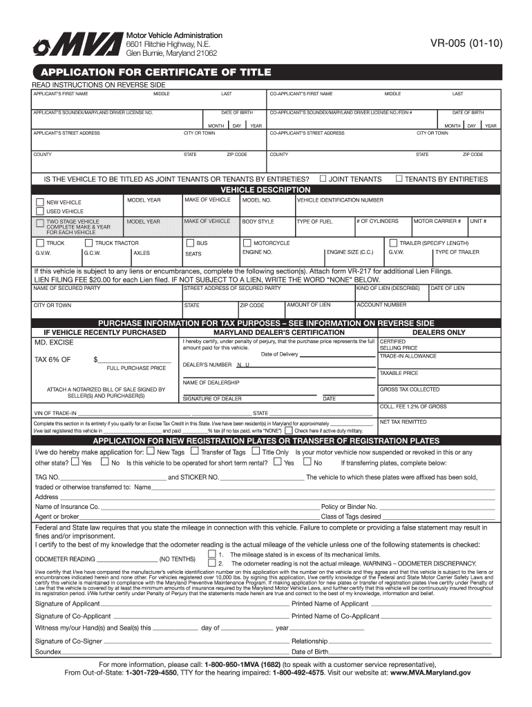 Maryland Title Application Fill Online Printable Fillable Blank 