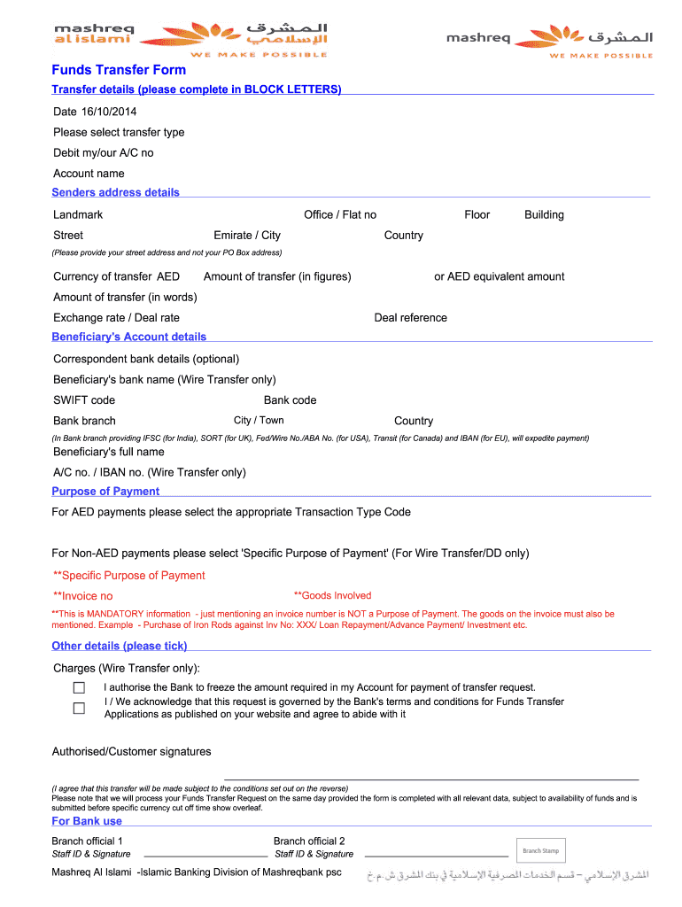 Mashreq Bank Funds Transfer Form Fill And Sign Printable Template