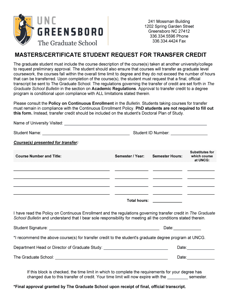 Masterscertificate Student Request For Transfer Credit Fill Out And 