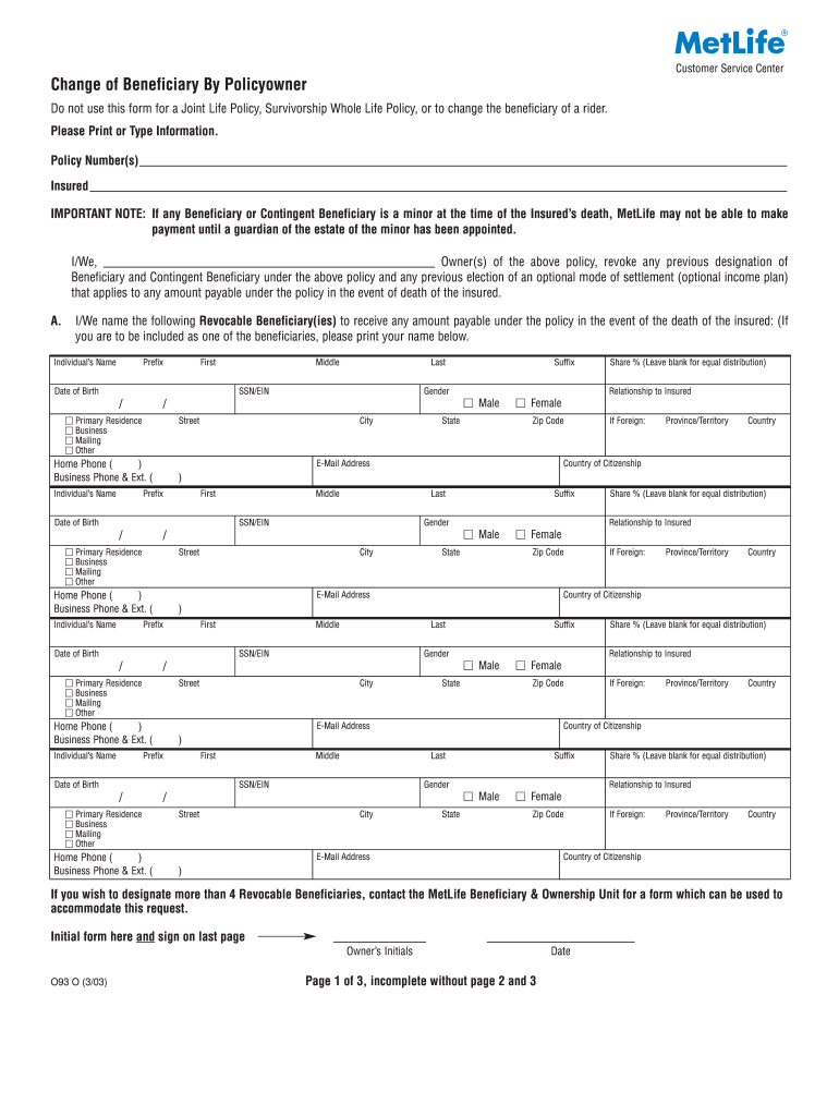 Metlife Beneficiary Form Fill Out And Sign Printable PDF Template 