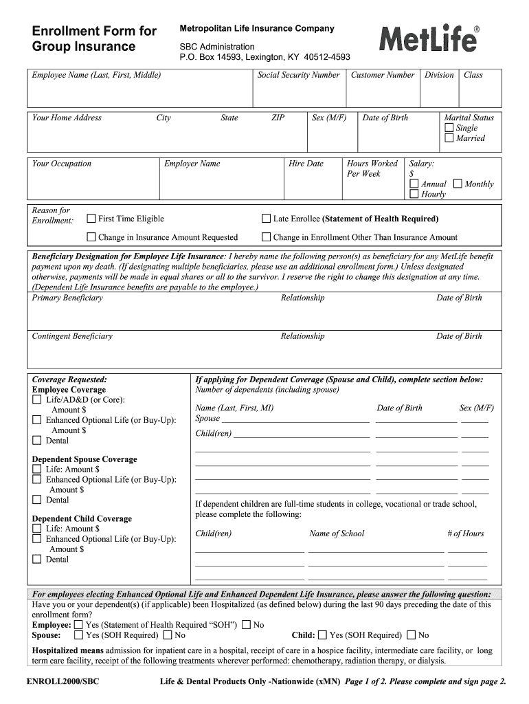 MetLife Enroll2000 SBC Fill And Sign Printable Template Online US 