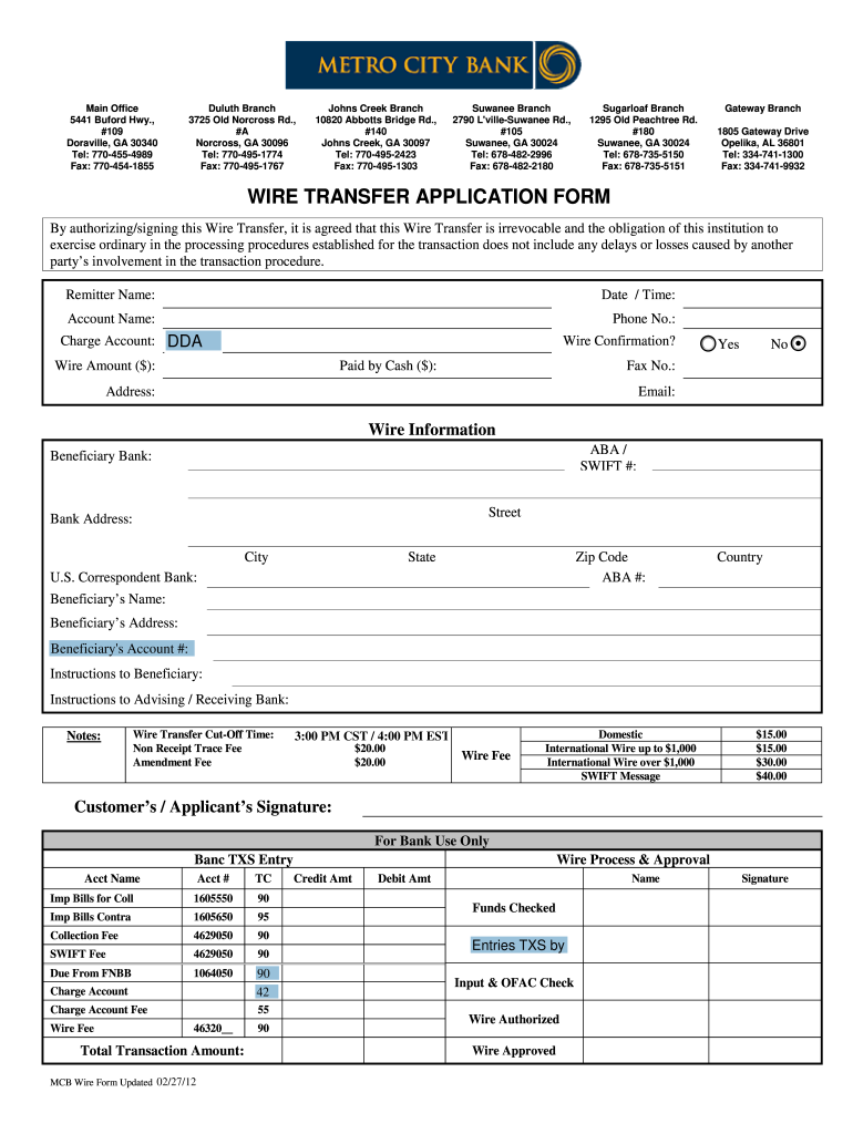 Metro City Bank Wire Fill Online Printable Fillable Blank PdfFiller