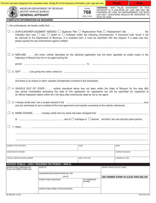 Missouri Car Title Transfer Form General Affidavit Form Missouri 