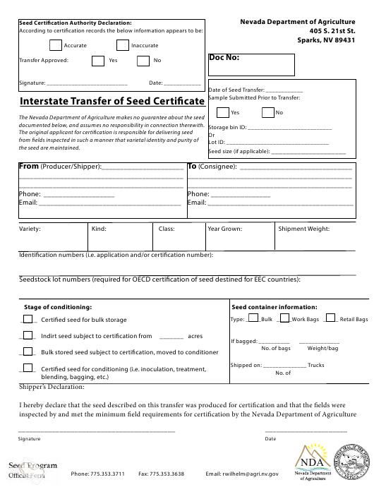 Nevada Interstate Transfer Of Seed Certificate Form Download Fillable 