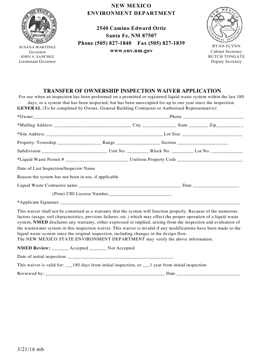 New Mexico Transfer Of Ownership Inspection Waiver Application Download