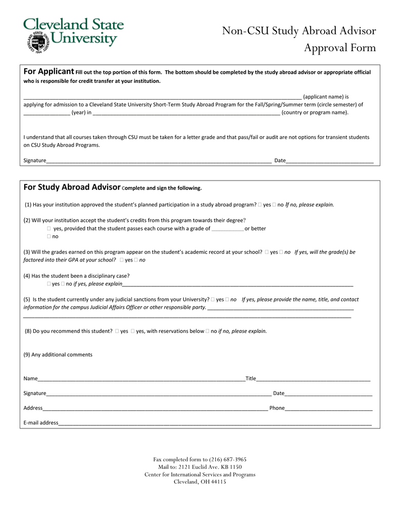 Non CSU Study Abroad Advisor Approval Form For Applicant