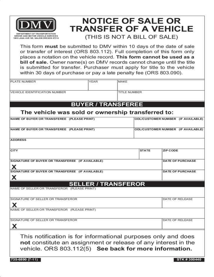 Notice Of Sale Or Transfer Of A Vehicle Oregon Free Download