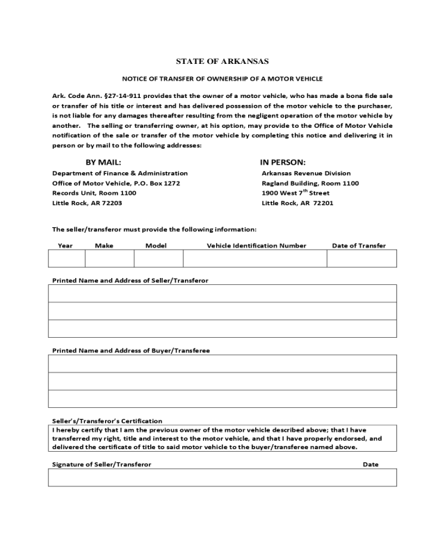 Notice Of Transfer Of Ownership Of A Motor Vehicle State Of Arkansas 