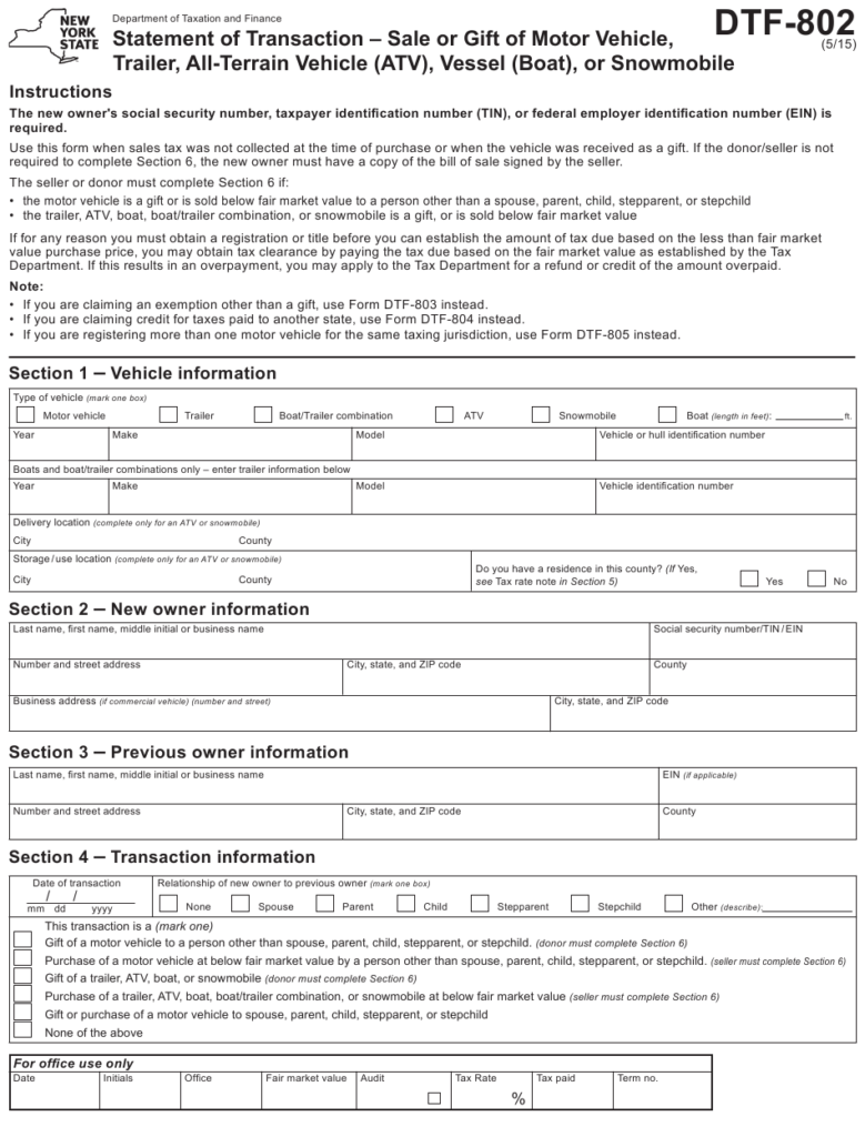 Nys Dmv Bill Of Sale Form Dtf 802 Bill Of Sale Form