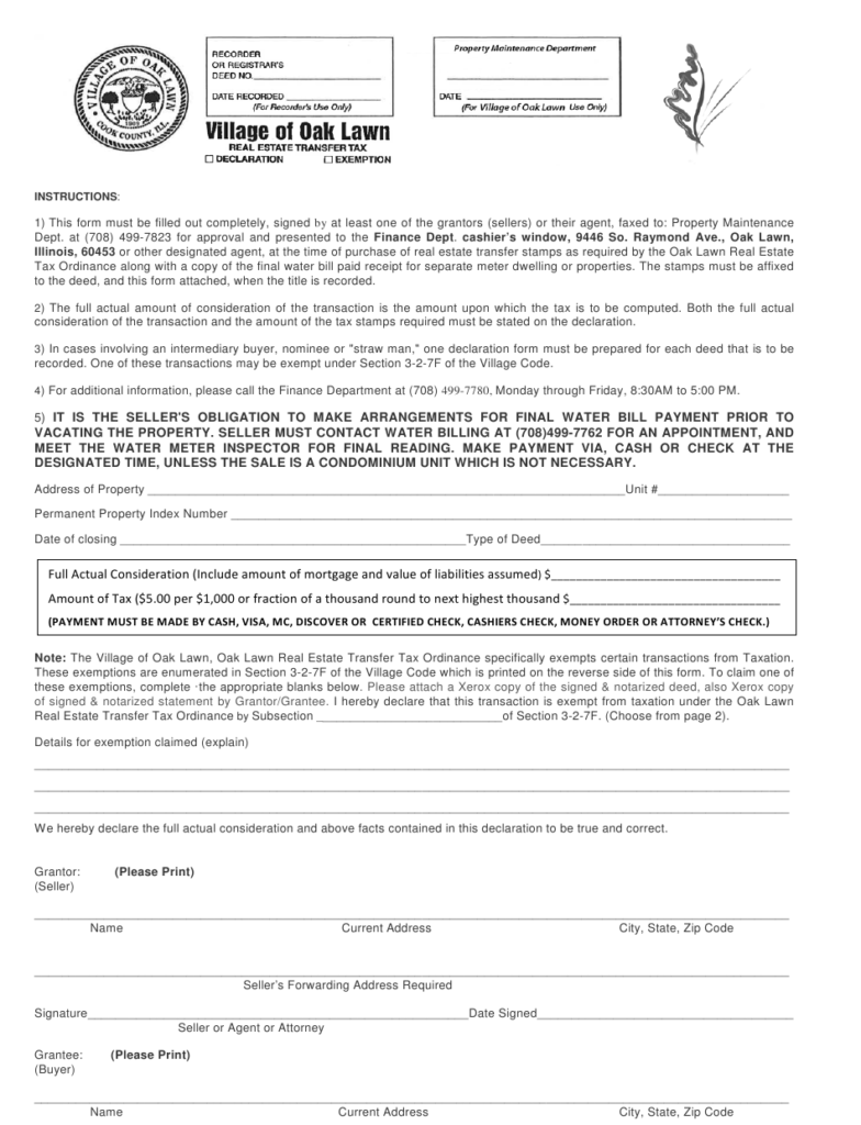 Oak Lawn Illinois Real Estate Transfer Tax Form Download Printable PDF 