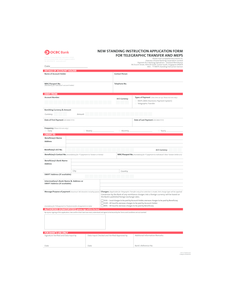 OCBC Bank New Standing Instruction Application Form For Telegraphic 