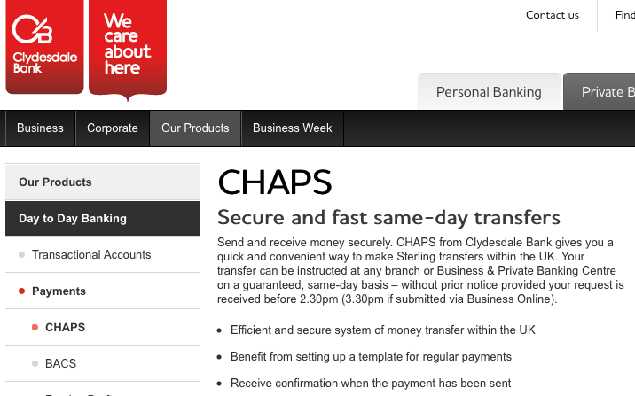 Off at a Tangent CLYDESDALE BANK CHAPS MONEY TRANSFER CHARGE