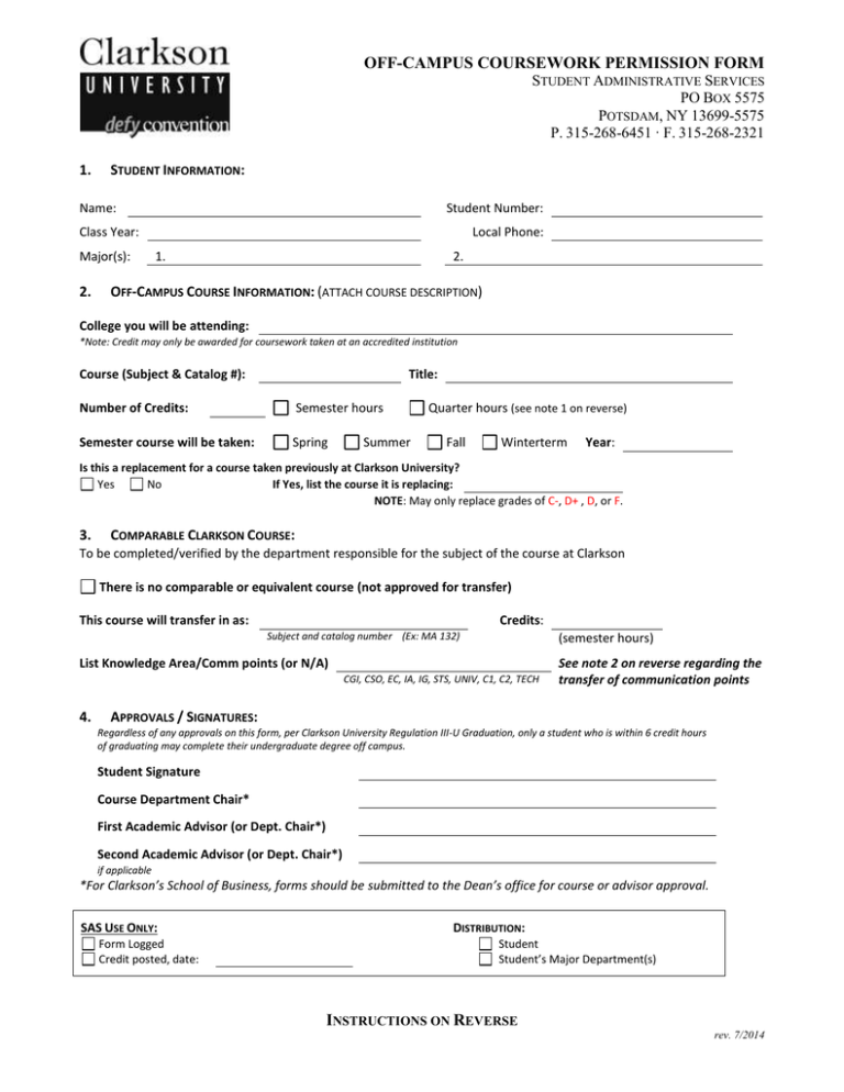 Off Campus Permission Form