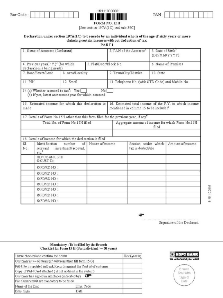  PDF HDFC Bank Form 15H PDF Download InstaPDF