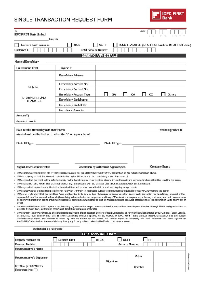  PDF IDFC RTGS NEFT Online Transfer Form PDF Download In English 