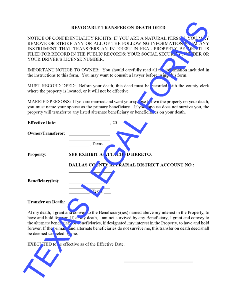 Revocable Transfer On Death Deed Texas Legal Forms By David Goodhart