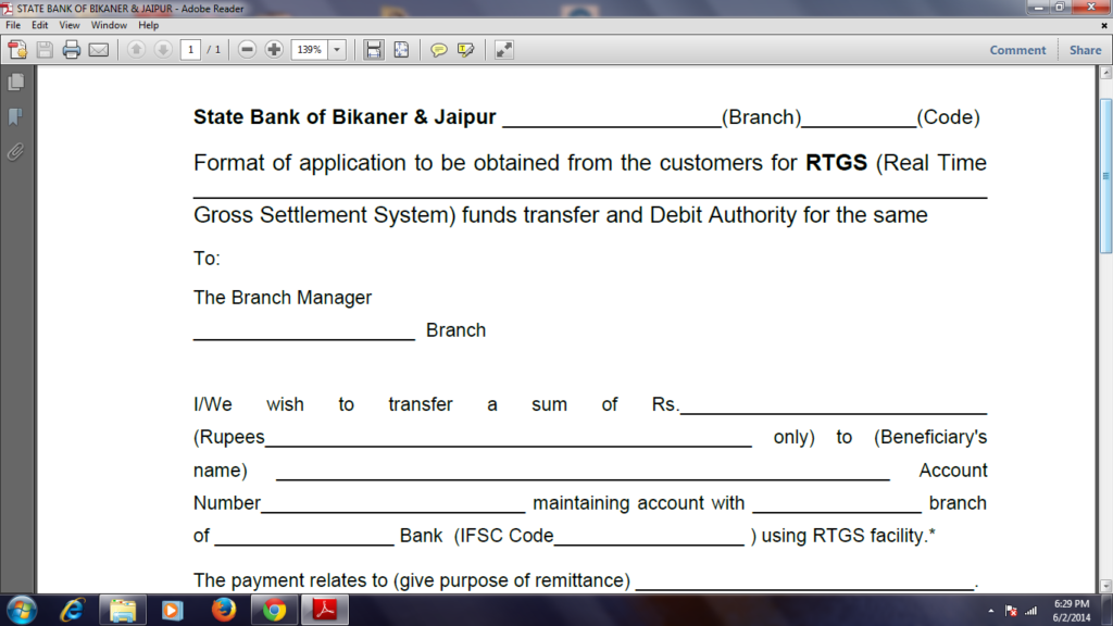 RTGS NEFT Application Form SBBJ