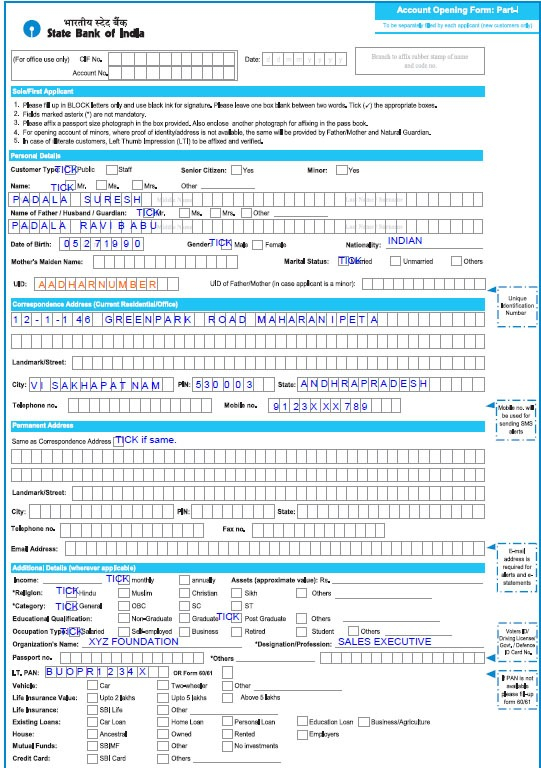 SBI Saving Account Opening Form Filling Sample PDF 2021