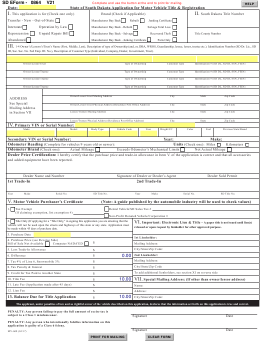 SD Form 0864 Download Printable PDF Application For Motor Vehicle