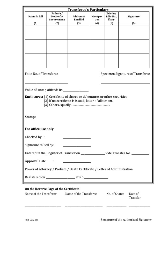 Securities Transfer Form Form No SH 4 Share Transfer Deed