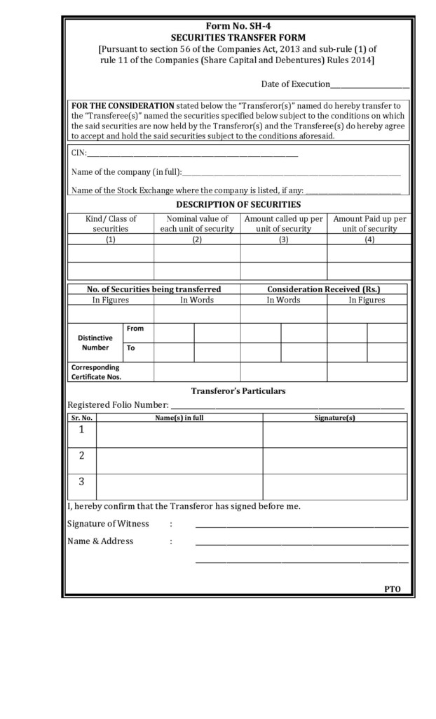 Securities Transfer Form Form No SH 4 Share Transfer Deed