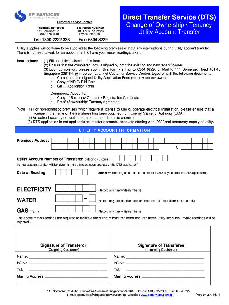 SG SPgroup Change Of Ownership Tenancy Utilities Account Transfer Form 