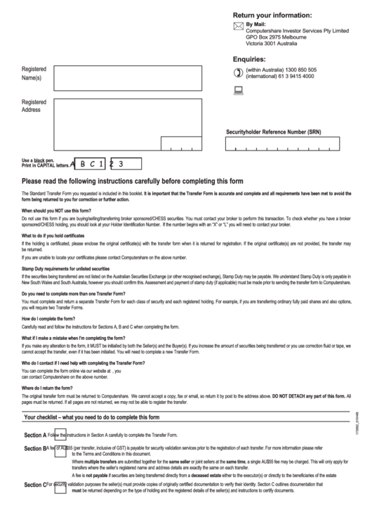 Standard Transfer Form Computershare Investor Services Pty Limited 