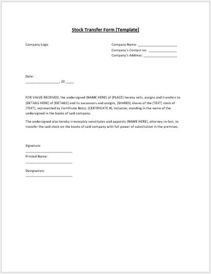 Stock Transfer Form Template MS Word Microsoft Word Excel Templates